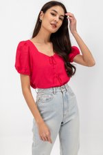 KAIRIS RIBBON TIE PUFF SLEEVE LINEN TOP