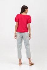 KAIRIS RIBBON TIE PUFF SLEEVE LINEN TOP