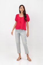 KAIRIS RIBBON TIE PUFF SLEEVE LINEN TOP