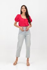 KAIRIS RIBBON TIE PUFF SLEEVE LINEN TOP