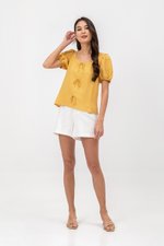 KAIRIS RIBBON TIE PUFF SLEEVE LINEN TOP