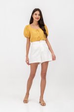 KAIRIS RIBBON TIE PUFF SLEEVE LINEN TOP