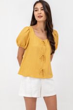 KAIRIS RIBBON TIE PUFF SLEEVE LINEN TOP