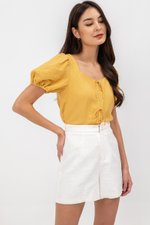 KAIRIS RIBBON TIE PUFF SLEEVE LINEN TOP