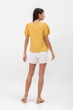 KAIRIS RIBBON TIE PUFF SLEEVE LINEN TOP