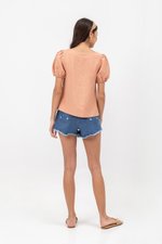 KAIRIS RIBBON TIE PUFF SLEEVE LINEN TOP