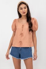 KAIRIS RIBBON TIE PUFF SLEEVE LINEN TOP