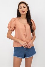 KAIRIS RIBBON TIE PUFF SLEEVE LINEN TOP