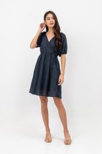 KARLYNE EYELET PUFF SLEEVE MINI WRAP DRESS