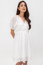 KARLYNE EYELET PUFF SLEEVE MINI WRAP DRESS
