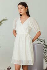 KARLYNE EYELET PUFF SLEEVE MINI WRAP DRESS