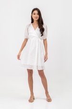 KARLYNE EYELET PUFF SLEEVE MINI WRAP DRESS