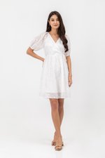 KARLYNE EYELET PUFF SLEEVE MINI WRAP DRESS