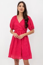 KARLYNE EYELET PUFF SLEEVE MINI WRAP DRESS