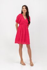 KARLYNE EYELET PUFF SLEEVE MINI WRAP DRESS
