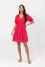 KARLYNE EYELET PUFF SLEEVE MINI WRAP DRESS