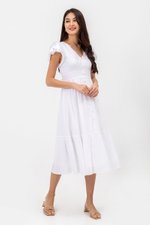 CONSTANCE TEXTURED FLUTTER SLEEVE MIDI DRESS