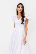 CONSTANCE TEXTURED FLUTTER SLEEVE MIDI DRESS