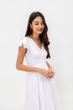 CONSTANCE TEXTURED FLUTTER SLEEVE MIDI DRESS
