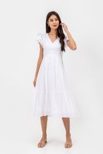 CONSTANCE TEXTURED FLUTTER SLEEVE MIDI DRESS