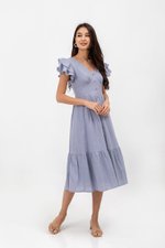 CONSTANCE TEXTURED FLUTTER SLEEVE MIDI DRESS