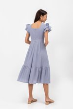 CONSTANCE TEXTURED FLUTTER SLEEVE MIDI DRESS