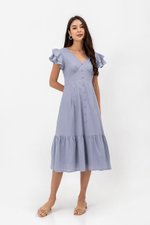 CONSTANCE TEXTURED FLUTTER SLEEVE MIDI DRESS
