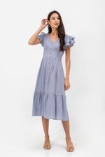 CONSTANCE TEXTURED FLUTTER SLEEVE MIDI DRESS