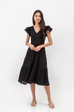 CONSTANCE TEXTURED FLUTTER SLEEVE MIDI DRESS