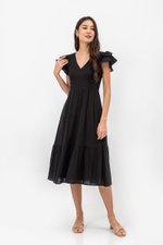 CONSTANCE TEXTURED FLUTTER SLEEVE MIDI DRESS