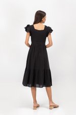 CONSTANCE TEXTURED FLUTTER SLEEVE MIDI DRESS