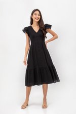 CONSTANCE TEXTURED FLUTTER SLEEVE MIDI DRESS