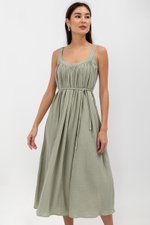 FAWN MUSLIN SCOOP NECK FLARED MAXI DRESS W SASH