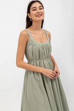 FAWN MUSLIN SCOOP NECK FLARED MAXI DRESS W SASH