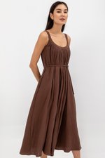 FAWN MUSLIN SCOOP NECK FLARED MAXI DRESS W SASH
