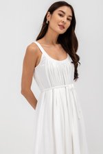 FAWN MUSLIN SCOOP NECK FLARED MAXI DRESS W SASH