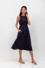 ADEENA BACK PLEAT MIDI DRESS W SASH