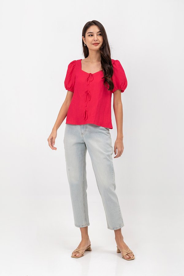 KAIRIS RIBBON TIE PUFF SLEEVE LINEN TOP KAIRIS RIBBON TIE PUFF SLEEVE LINEN TOP