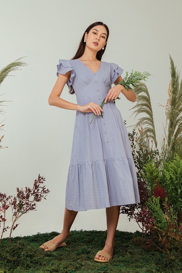 CONSTANCE TEXTURED FLUTTER SLEEVE MIDI DRESS