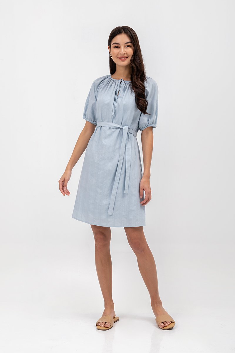 MYA RIBBON TIE COTTON MINI DRESS W SASH