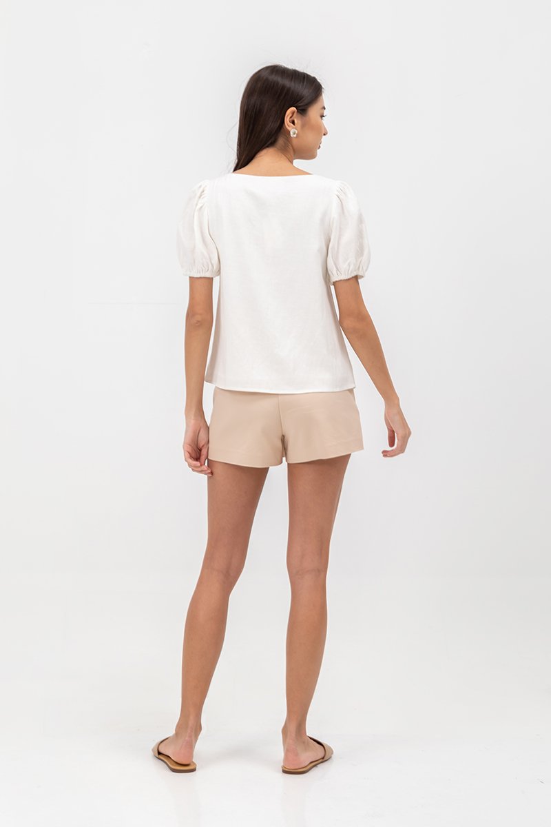 KAIRIS RIBBON TIE PUFF SLEEVE LINEN TOP