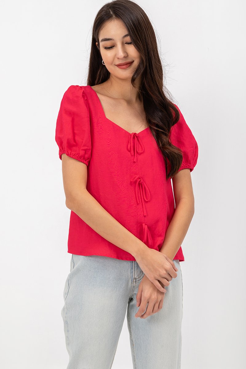 KAIRIS RIBBON TIE PUFF SLEEVE LINEN TOP