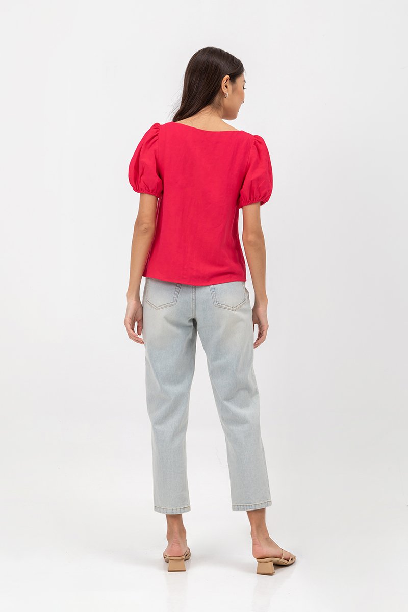 KAIRIS RIBBON TIE PUFF SLEEVE LINEN TOP