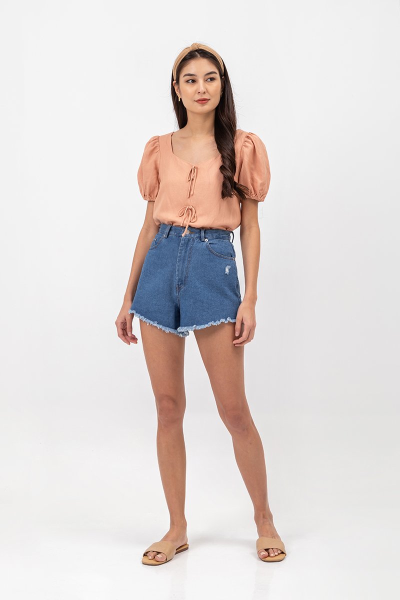 KAIRIS RIBBON TIE PUFF SLEEVE LINEN TOP