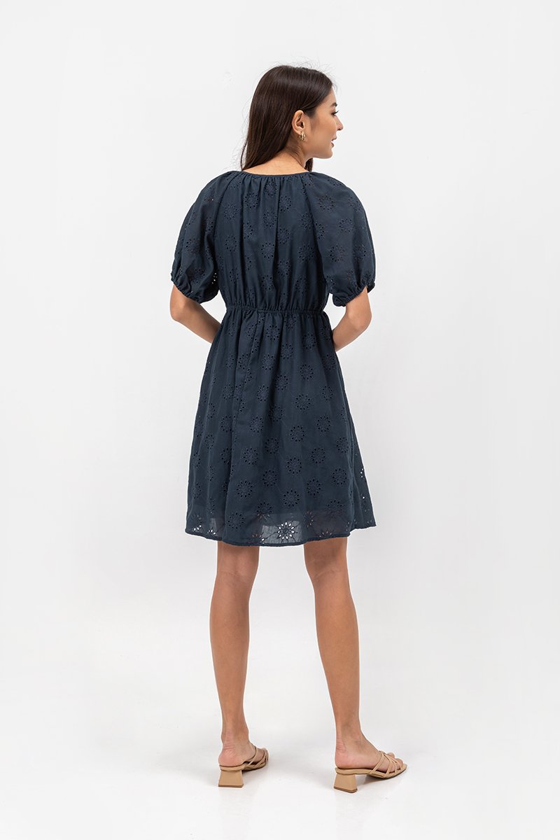 KARLYNE EYELET PUFF SLEEVE MINI WRAP DRESS