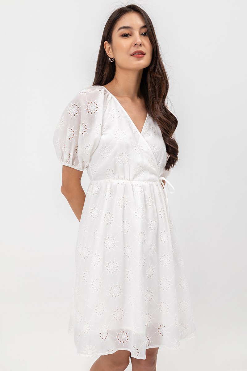 KARLYNE EYELET PUFF SLEEVE MINI WRAP DRESS