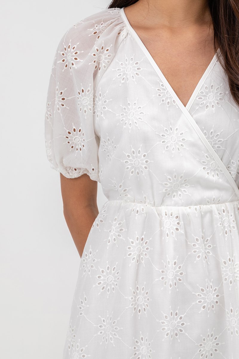 KARLYNE EYELET PUFF SLEEVE MINI WRAP DRESS
