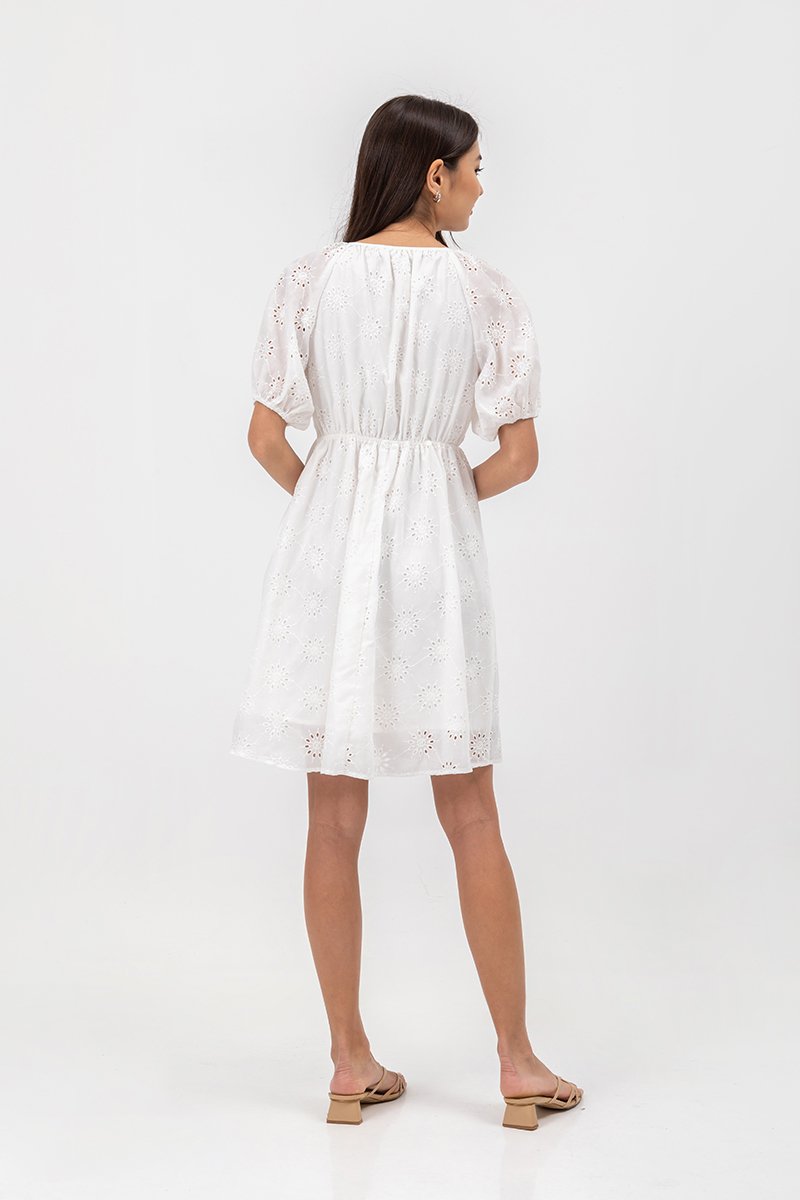 KARLYNE EYELET PUFF SLEEVE MINI WRAP DRESS