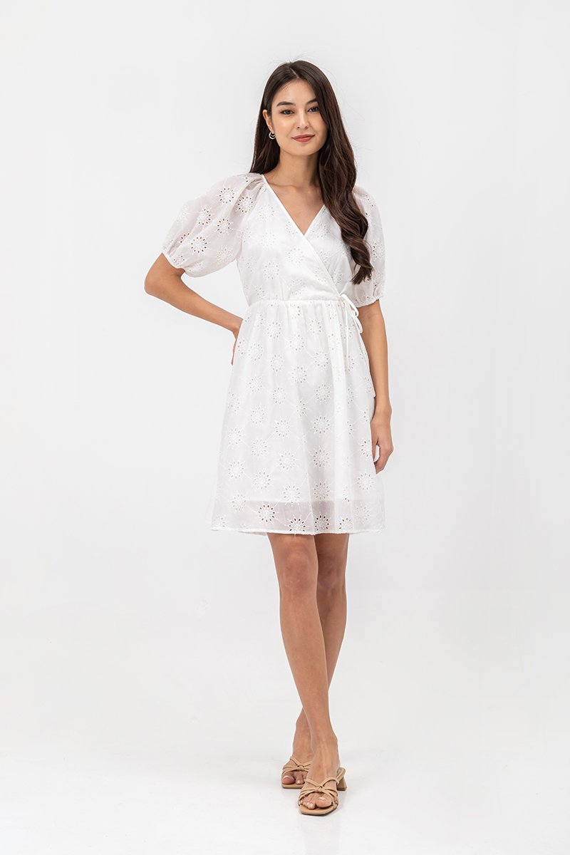 KARLYNE EYELET PUFF SLEEVE MINI WRAP DRESS