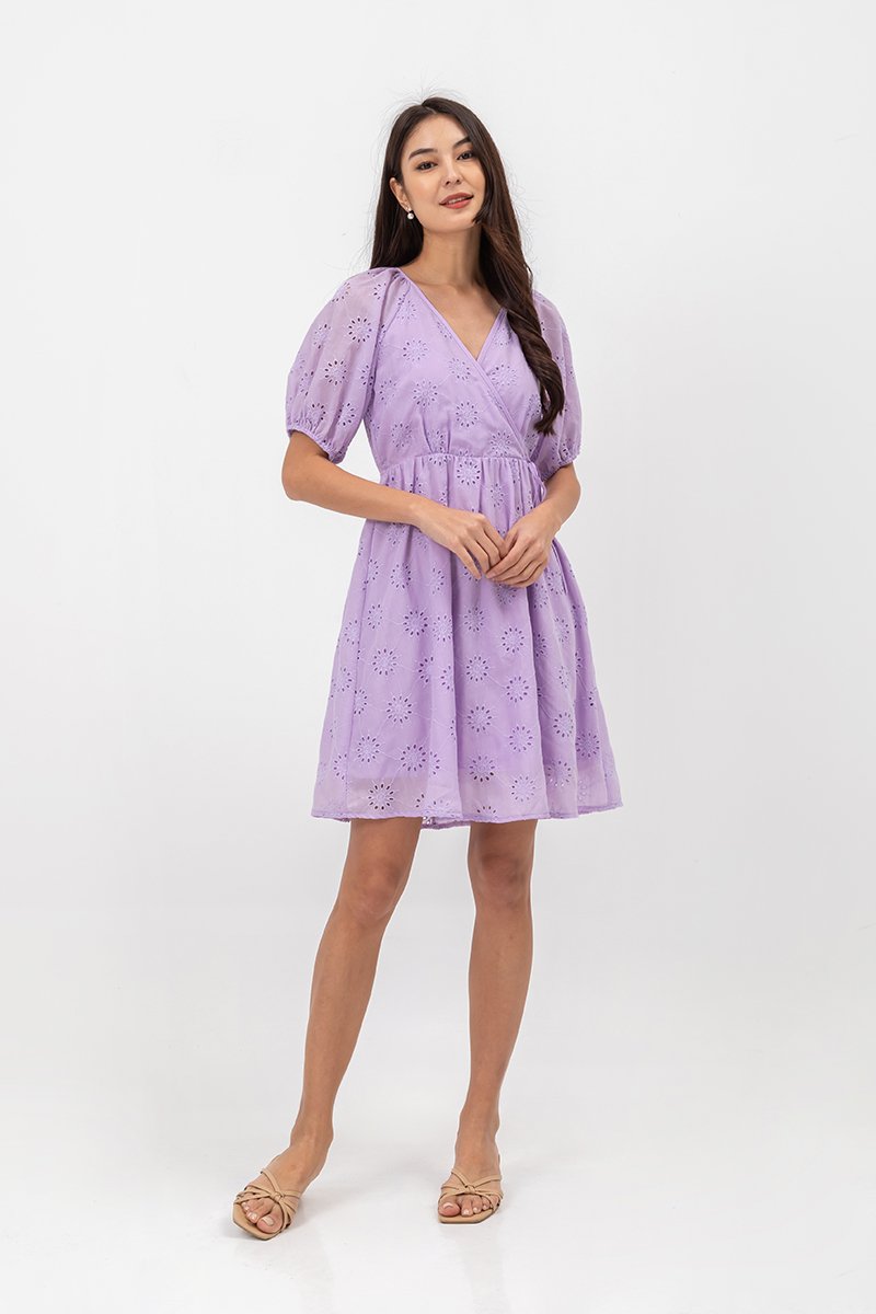 KARLYNE EYELET PUFF SLEEVE MINI WRAP DRESS
